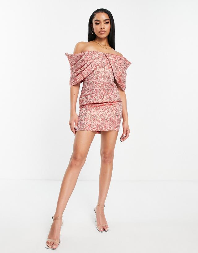 ASOS LUXE pleated Bardot jacquard mini dress in paisley print