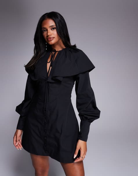 ASOS LUXE pleated collar mini dress in black with tie detail - view 1