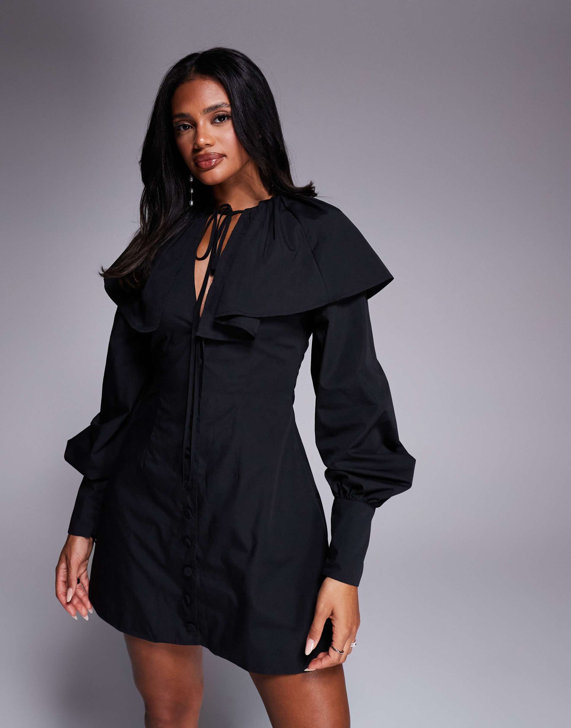 asos luxe pleated collar mini dress in black with tie detail