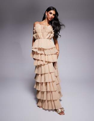 pleated organza bandeau maxi dress with side split in stone-Brown
