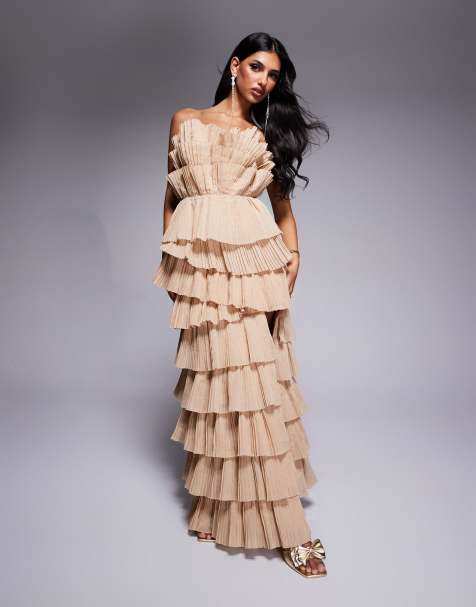 ASOS LUXE pleated organza bandeau maxi dress with side split in stone - view 1