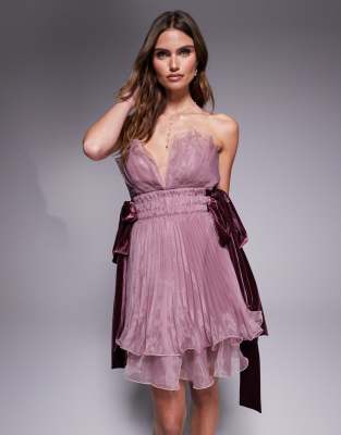 pleated organza bandeau mini dress with bow ties in lilac-Purple