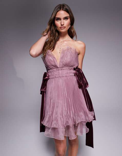 ASOS LUXE pleated organza bandeau mini dress with bow ties in lilac - view 1