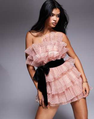 pleated organza bandeau mini dress with velvet belt in polka dot-Multi