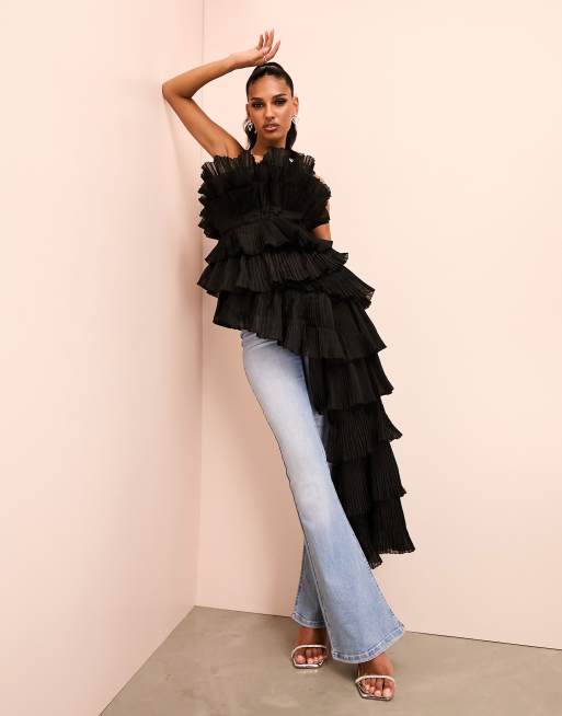 ASOS LUXE bandeau corseted tiered ruffle top and wide leg sheer pants in  blue