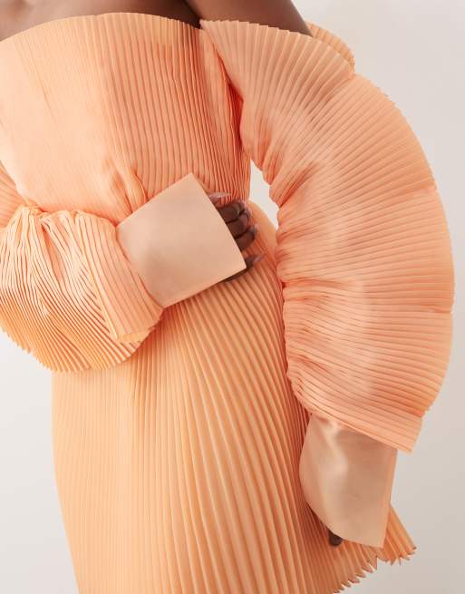 ASOS LUXE pleated tiered mini dress with sleeve detailing in peach, 4 of 4