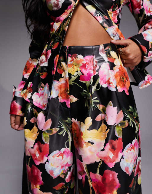 ASOS LUXE - Plisserede bukser med brede ben og blomsterprint i PU - Del af sæt, 3 af 5