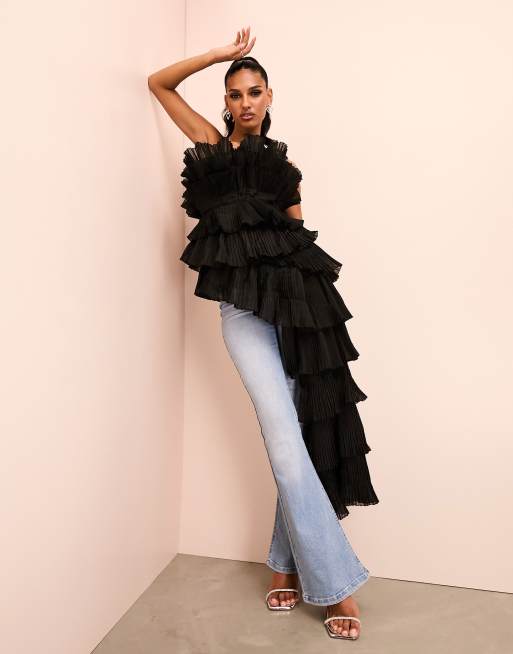 ASOS LUXE - Plisseret bandeau-top med drapering i sort organza 