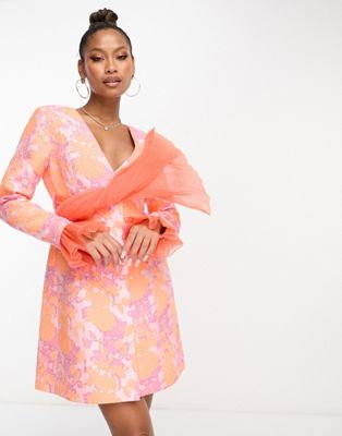 ASOS LUXE plunge blazer dress with chiffon sash and cuff in floral jacquard - ASOS Price Checker