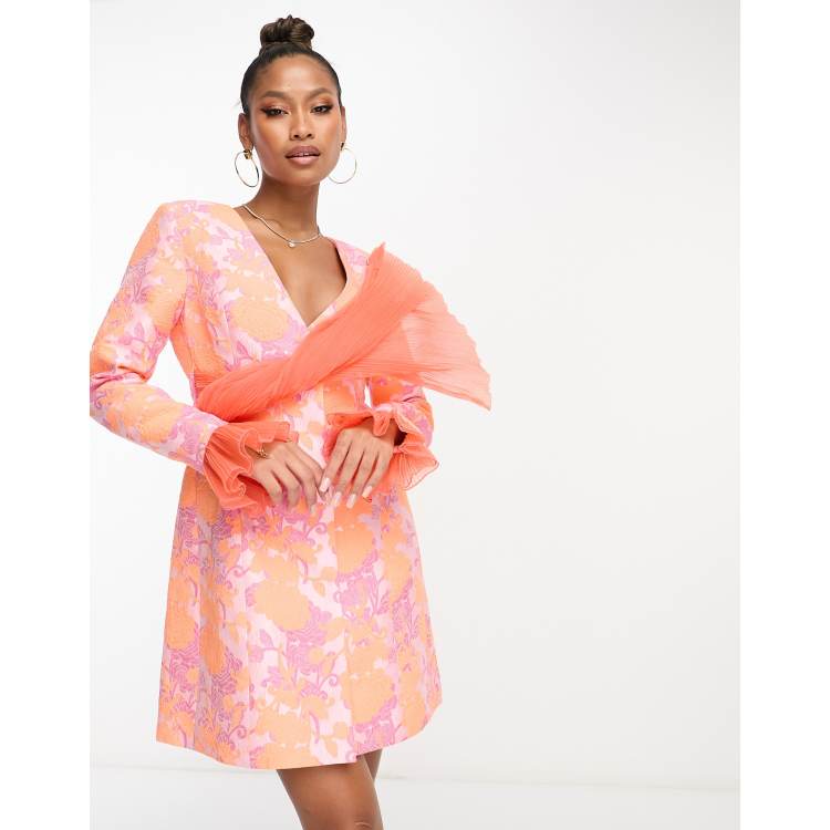 ASOS LUXE plunge blazer dress with chiffon sash and cuff in floral jacquard  | ASOS