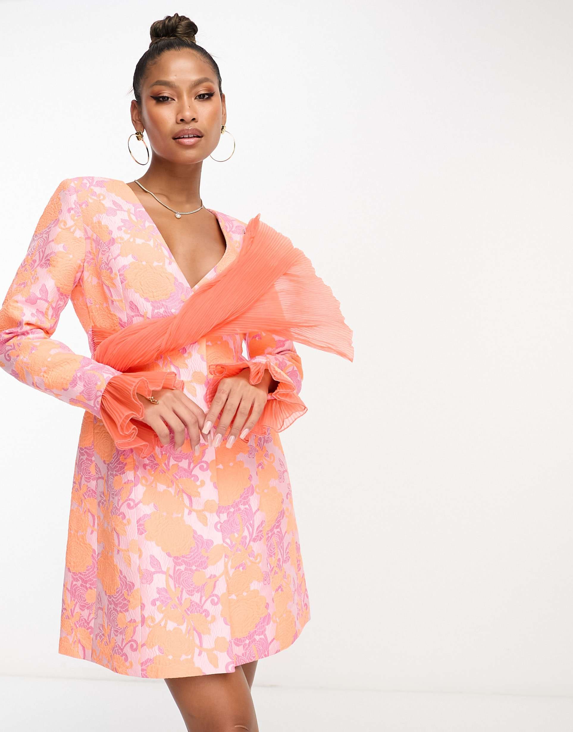 asos luxe plunge blazer dress with chiffon sash and cuff in floral jacquard