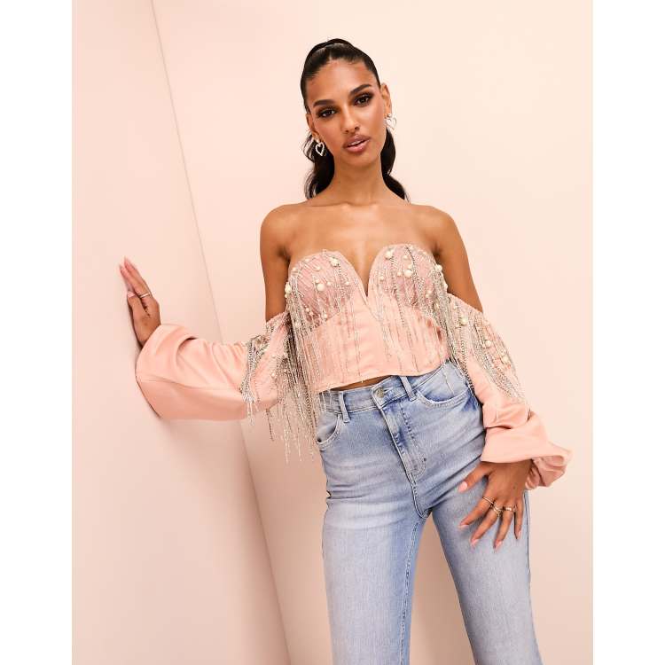 ASOS LUXE plunge corset embellished long sleeve crop top in dusty