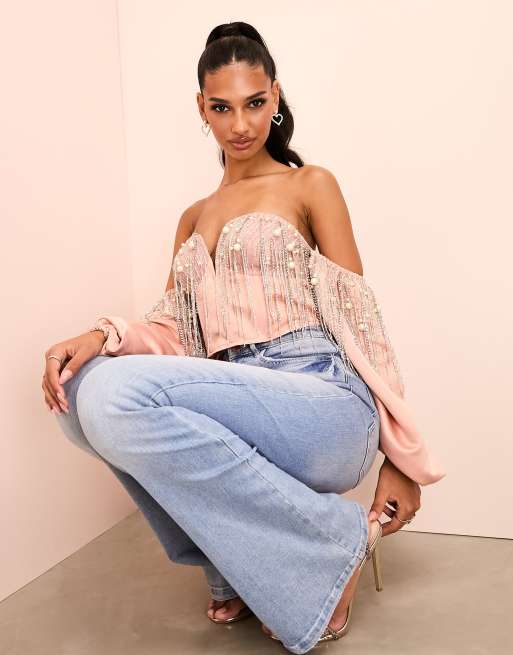 ASOS LUXE plunge corset embellished long sleeve crop top in dusty pink, 4 of 4