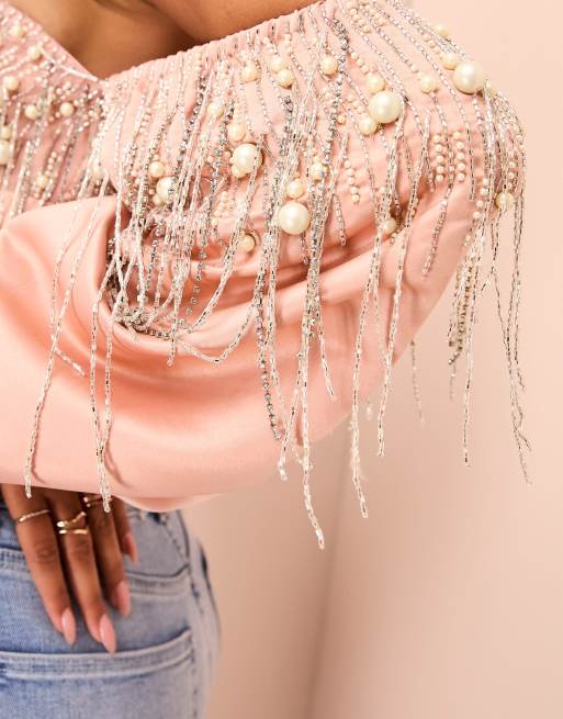 ASOS LUXE plunge corset embellished long sleeves crop top in dusty pink, 3 of 4