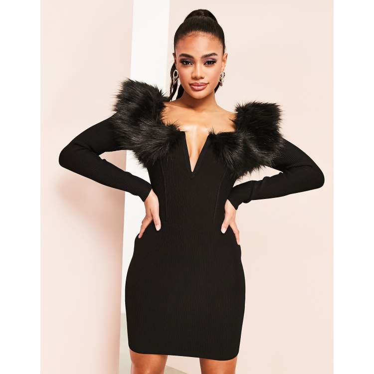 ASOS LUXE plunge faux fur knit mini dress in black