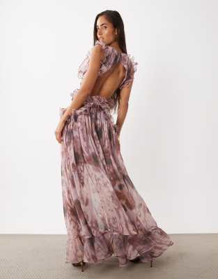 Asos Luxe Plunge Maxi Dress With Ruched Chiffon Detail & Open Back In Multi
