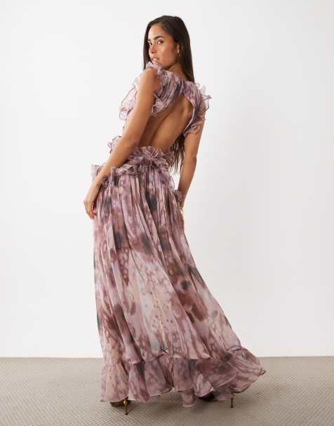 ASOS LUXE plunge maxi dress with ruched chiffon detail & open back in abstract print - view 1