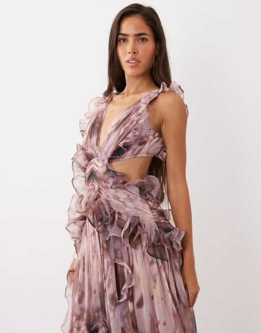 ASOS LUXE plunge maxi dress with ruched chiffon detail & open back in abstract print, 3 of 4