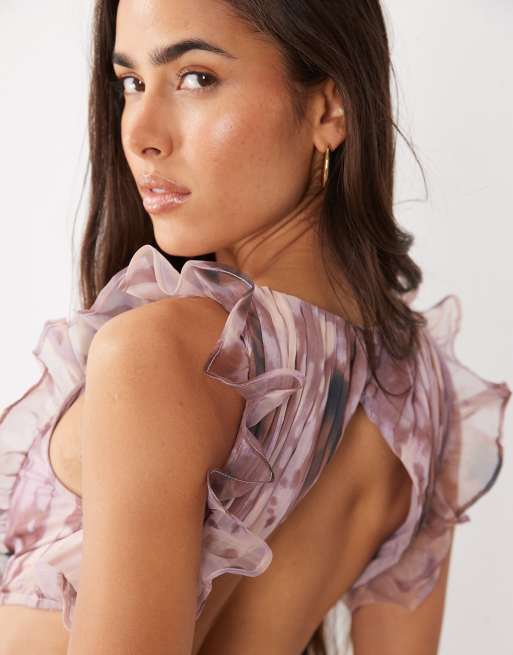 ASOS LUXE plunge maxi dress with ruched chiffon detail & open back in abstract print, 4 of 4