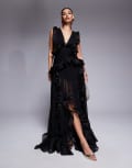 [ASOS LUXE] ASOS LUXE plunge maxi dress with ruched chiffon detail & open back in black 12 BLACK