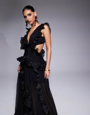 Asos Luxe Plunge Maxi Dress With Ruched Chiffon Detail & Open Back In Black