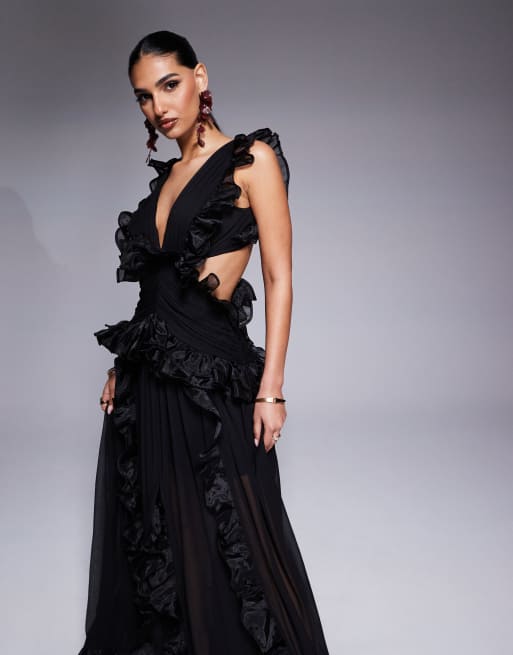 ASOS LUXE plunge maxi dress with ruched chiffon detail & open back in black