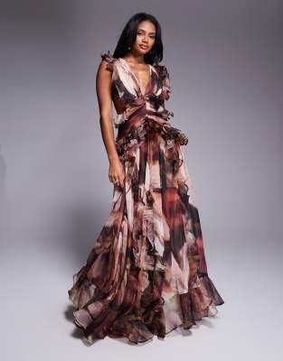 Asos Luxe Plunge Maxi Dress With Ruched Chiffon Detail & Open Back In Brown