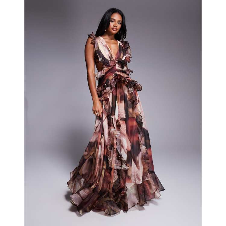 asos luxe plunge maxi dress ASOS LUXE plunge maxi dress with ruched chiffon detail & open back in brown  floral