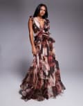 [ASOS LUXE] ASOS LUXE plunge maxi dress with ruched chiffon detail & open back in brown floral 14 Brown floral
