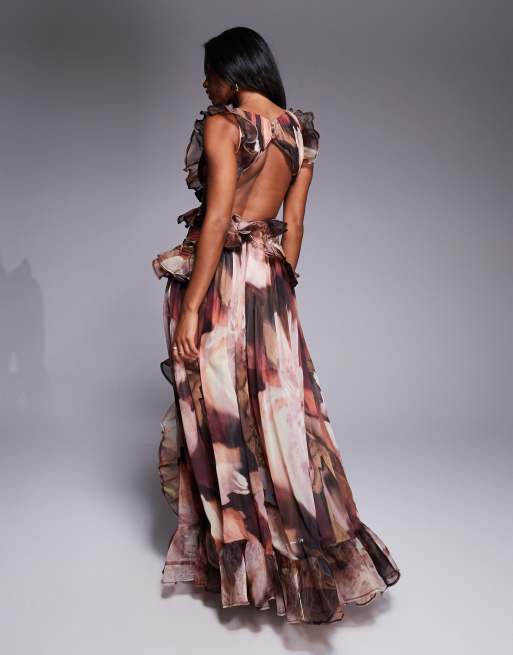 ASOS LUXE plunge maxi dress with ruched chiffon detail & open back in brown floral