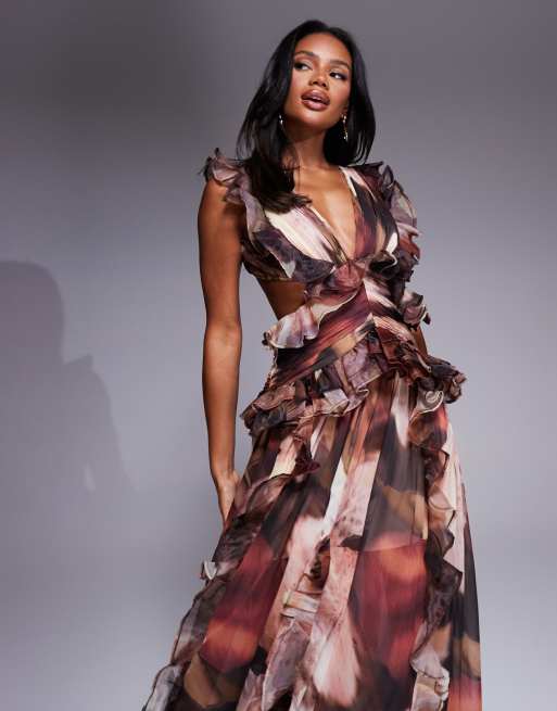 ASOS LUXE plunge maxi dress with ruched chiffon detail & open back in brown floral