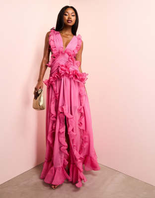 ASOS LUXE plunge maxi dress with ruched chiffon detail & open back in hot pink-Multi