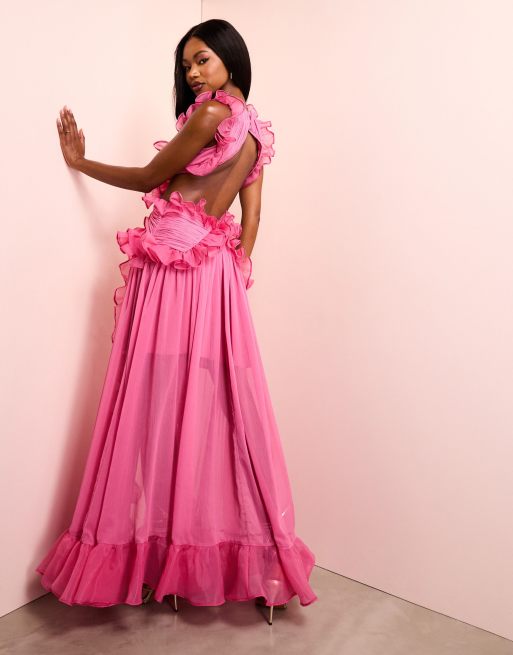 ASOS LUXE plunge maxi dress with ruched chiffon detail open back in hot pink ASOS