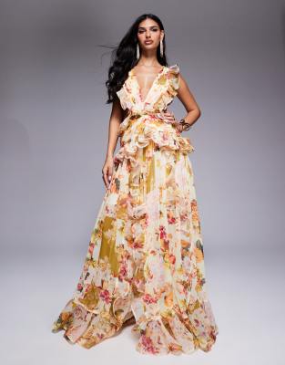 plunge maxi dress with ruched chiffon detail & open back in patchwork floral-Multi