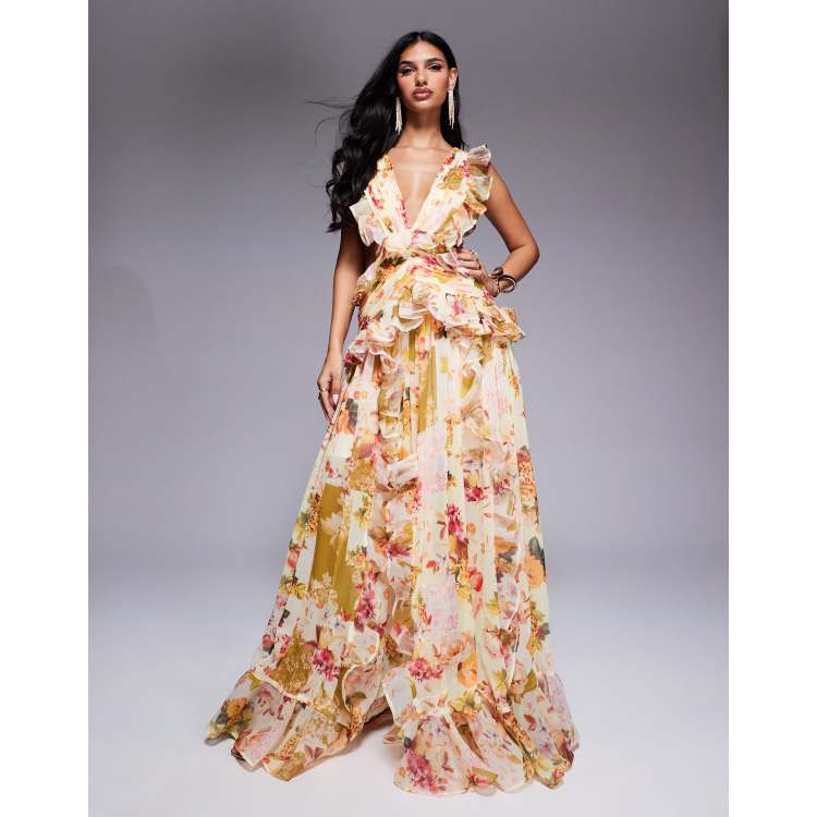   ★【マキシ ドレス】Floral Faux Wrap Chiffon Eliza J Chiffon Floral-Print Faux-Wrap Tiered Maxi Dress | eBay