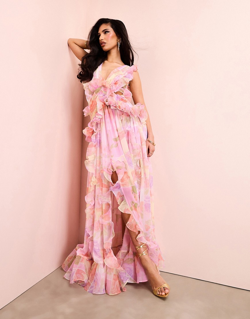 plunge maxi dress with ruched chiffon detail & open back in pink floral print