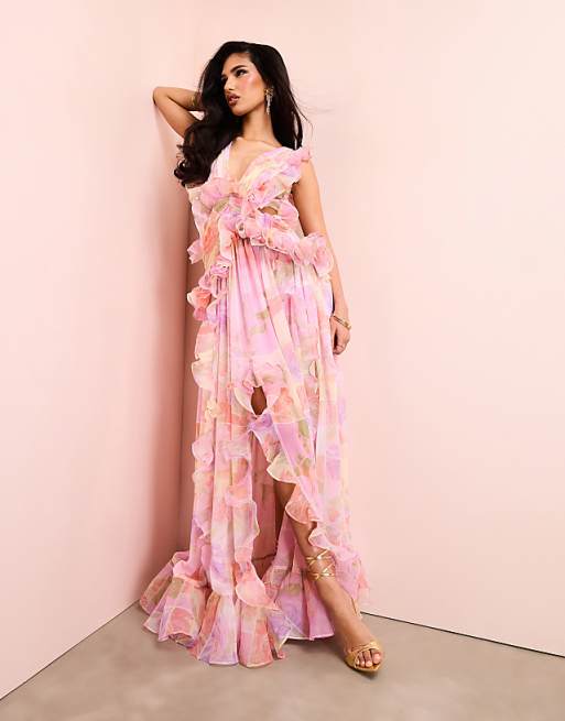 Ruffles Print Floral Chiffon Maxi Dres Ruffles Print Floral Chiffon Maxi Dres