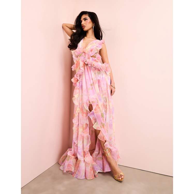 ASOS LUXE plunge maxi dress with ruched chiffon detail