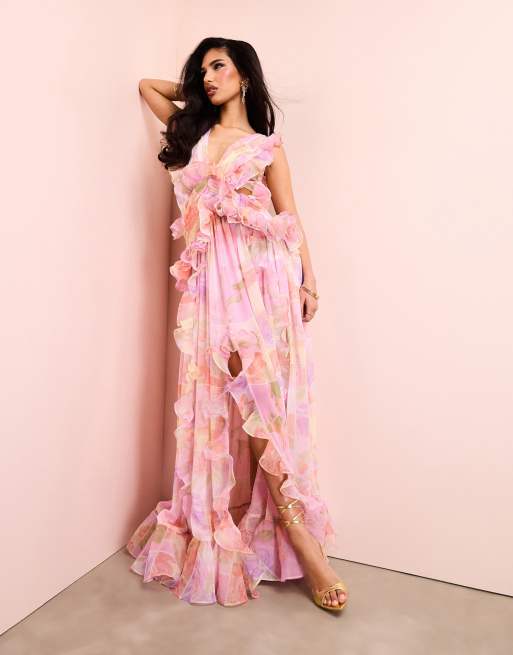 ASOS LUXE plunge maxi dress with ruched chiffon detail open back in pink floral print