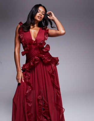 Asos Luxe Plunge Maxi Dress With Ruched Chiffon Details & Open Back In Red