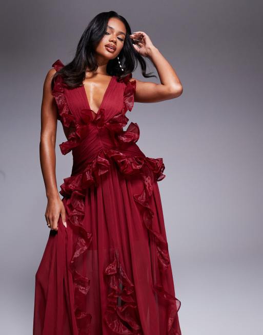 ASOS LUXE plunge maxi dress with ruched chiffon details & open back in dark cherry