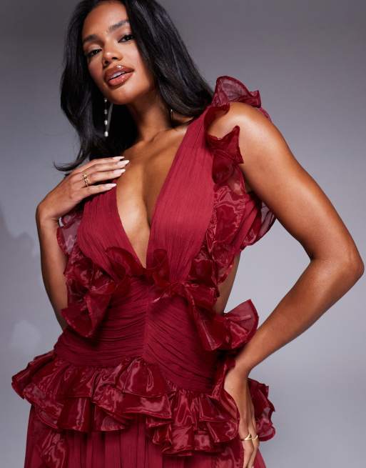 ASOS LUXE plunge maxi dress with ruched chiffon details & open back in dark cherry