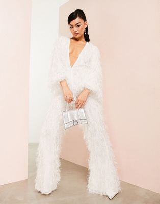 ASOS LUXE plunge neck faux feather jumpsuit in white