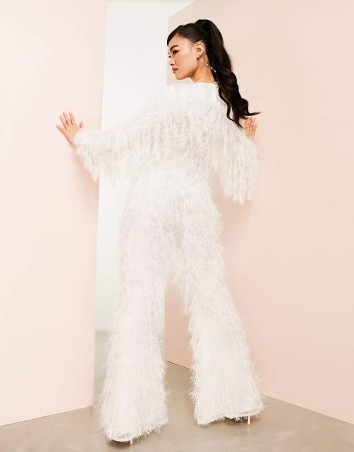 ASOS LUXE Wedding Embellished Wide Leg Jumpsuit With Feather Trim Detail In  White