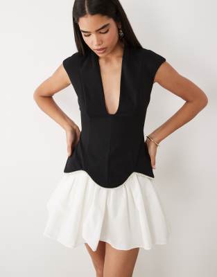 Asos Luxe Plunge Neck Mini Dress With Tulle Skirt And Faux Pearl Detailing-multi In Black
