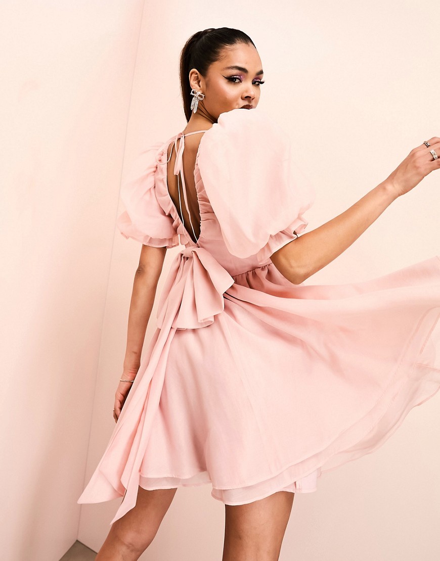 ASOS LUXE plunge puff sleeve mini dress in blush-Pink
