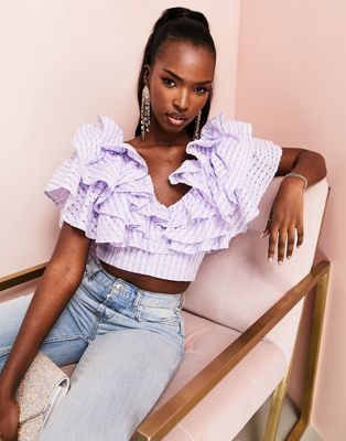 ASOS LUXE plunge triple ruffle top in lilac gingham organza - ASOS Price Checker
