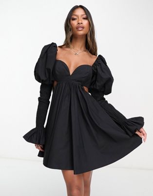 ASOS LUXE poplin shirred puff sleeve mini dress in black