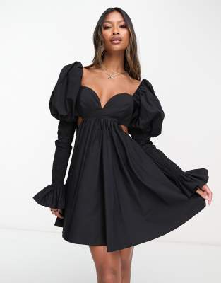 ASOS LUXE poplin shirred puff sleeve mini dress in black