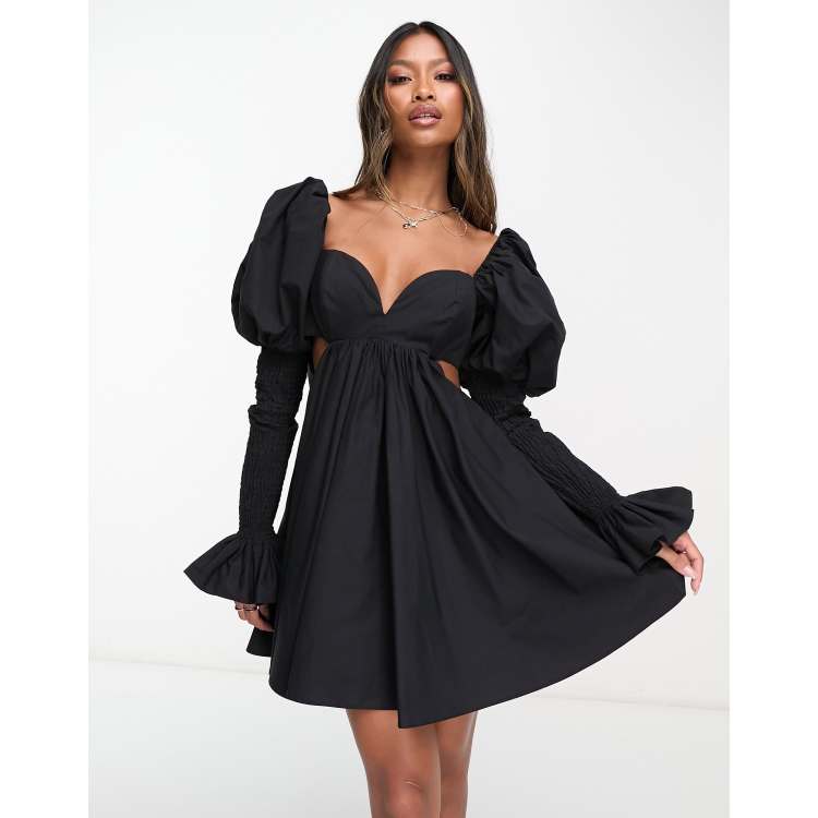 black palermo puff sleeve mini dress ASOS LUXE poplin shirred in Velvet dress